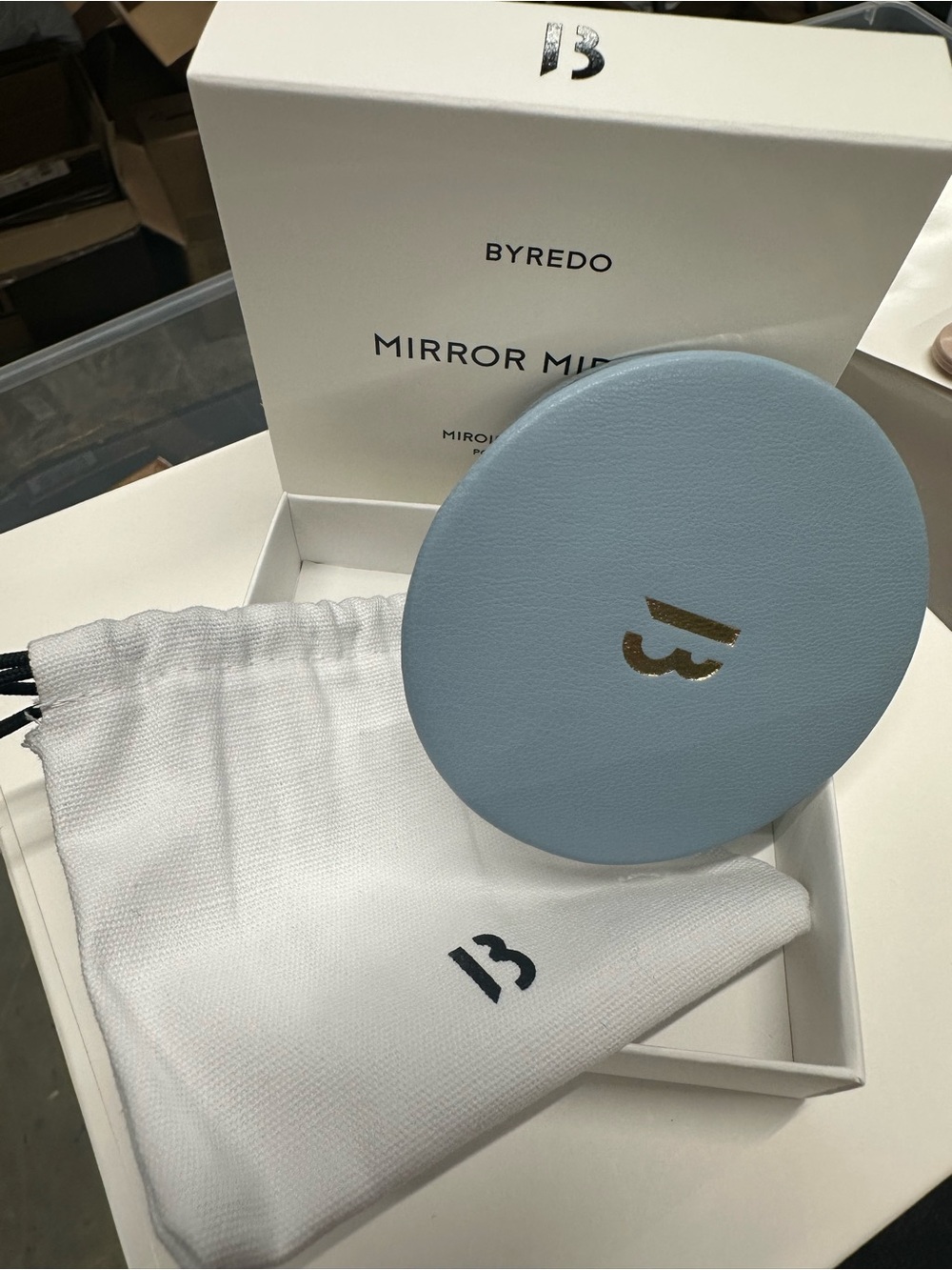 Byredo Light Blue Leather Compact Mirror with Gold Logo new in box